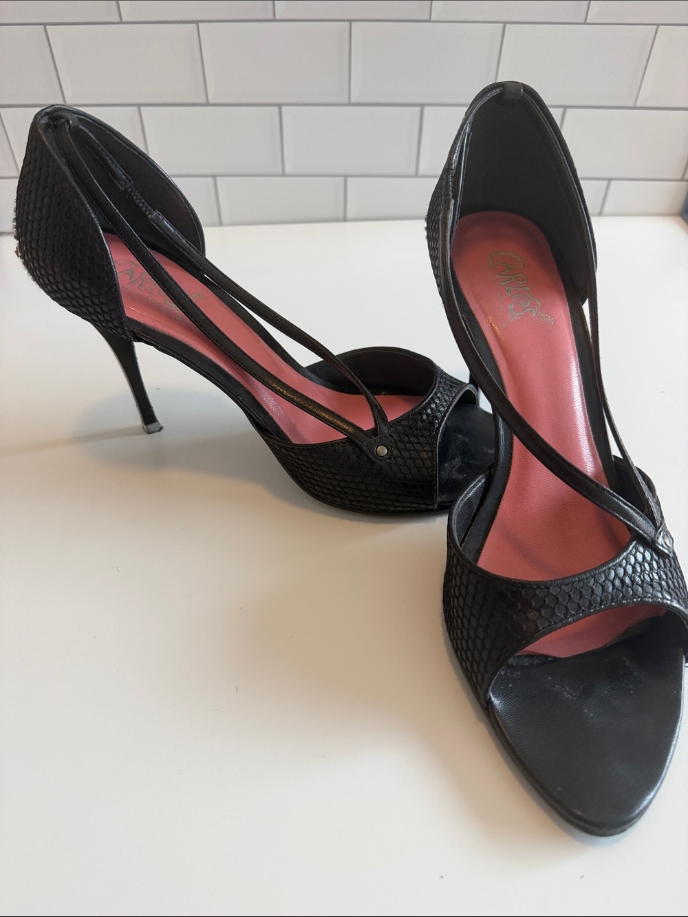 Carlos Santana Black Peep-Toe Strappy High Heels with Pink Insole